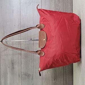 Longchamp Le Pliage Red Nylon Leather Shopping Tote Shoulder Bag Purse Handbag